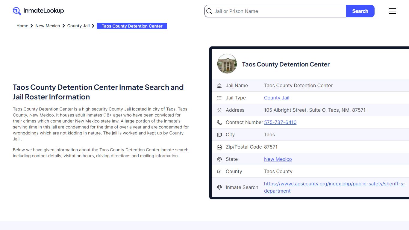 Taos County Detention Center (NM) Inmate Search and Jail Roster Information
